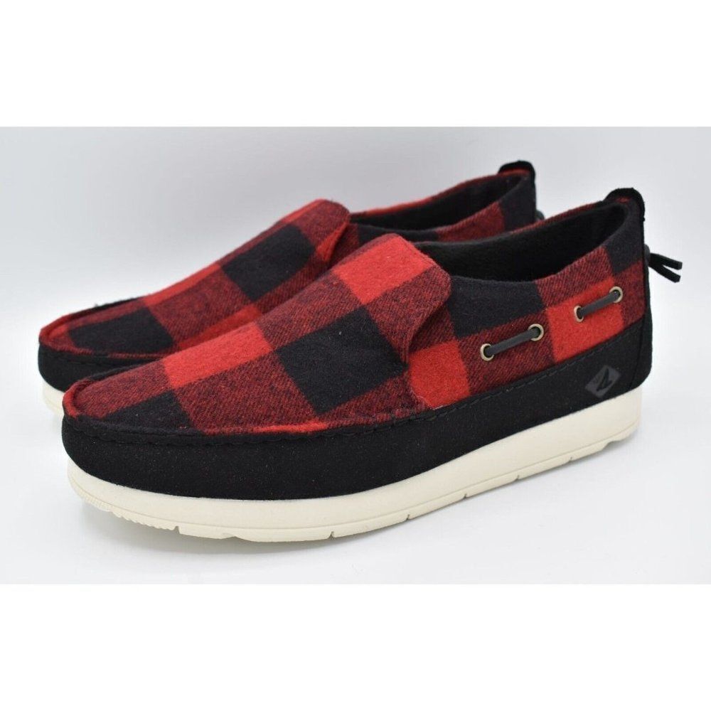 Sperry Mens Size 9 Moc Sider Buffalo Check Plaid Red Wool Blend‎ Slip On Shoes